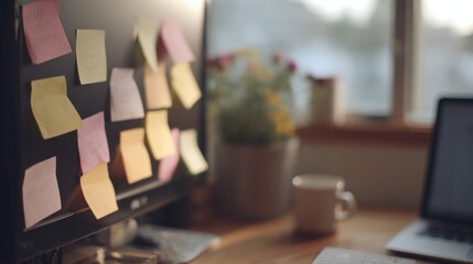 Desk with a computer monitor and a laptop on it. on the left side of the desk, there is a blackboard covered in colorful sticky notes.