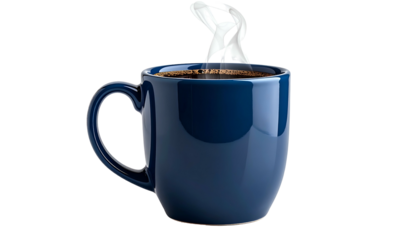 A blue ceramic mug filled with steaming dark liquid, the steam forming a curly shape