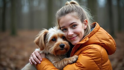 Young woman embraces her small dog in autumn forest. They share a warm hug expressing affection and friendship. The girl smiles genuinely while cuddling the terrier outdoors.