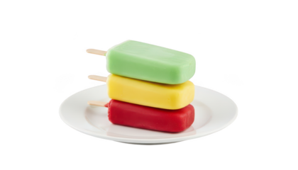 Stack of three colorful fruit ice popsicles, green, yellow, and red, served on a small white plate isolated on transparent background