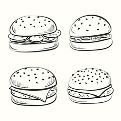 Simple line art shows four delicious burgers with toppings on white background