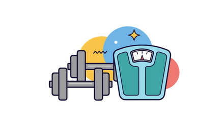 Fitness and weight management concept illustrated with dumbbells for strength training and a scale for tracking progress on a colorful background.