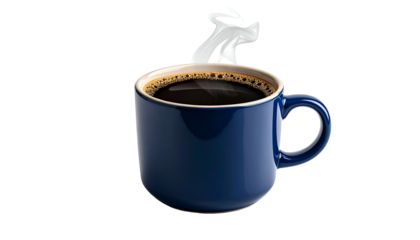 A close-up of a blue mug filled with steaming dark coffee against a black background