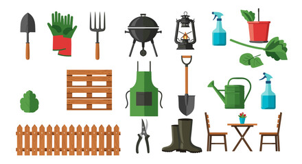 Collection of gardening and backyard barbecue tools and furniture, including a shovel, grill, watering can, and outdoor table.
