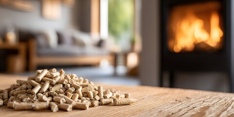 Wood pellets on a rustic wooden surface in front of a burning fireplace. The warm glow of the fire creates a cozy and inviting atmosphere, symbolizing sustainable and eco-friendly heating.