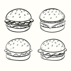 Four simple black and white sketched burgers with seeded buns showcase tasty fillings