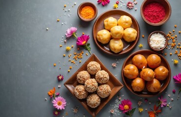 Indian sweets assortment with flowers and spices on table. Various mithai like laddu and kaju katli for festive occasions. Delicious desserts arranged for Diwali or Ganesh Chaturthi.