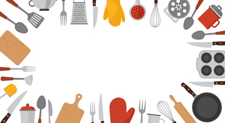 Rectangular frame made of various kitchen utensils and cooking tools, creating a border with copy space for recipes or menus.