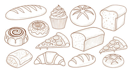 Collection of hand-drawn bakery products and pastries in a vintage sketch style, including bread, croissants, pizza, and cinnamon rolls.