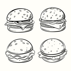 Burger drawings showcase appetizing layers of cheese, lettuce, and toppings in simple black outline