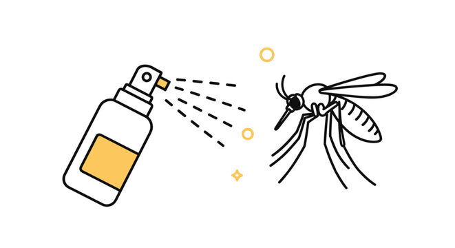 Minimalist line art illustration of a spray bottle of insect repellent being used to deter a mosquito, symbolizing pest control.