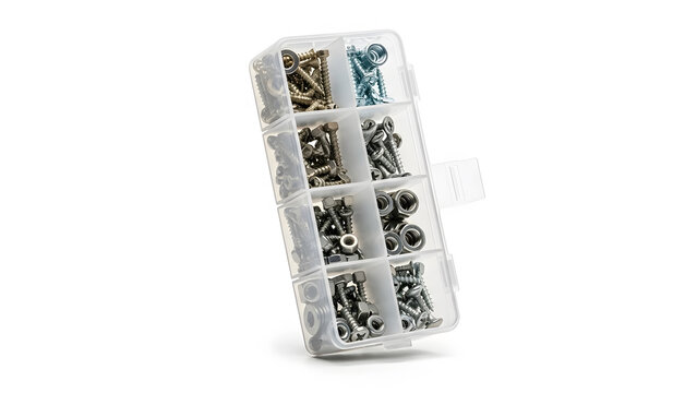 Hardware Organizer: A clear hardware organizer filled with various screws and nuts, meticulously sorted into separate compartments.