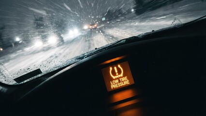 Obraz premium Dashboard view during a snowstorm with low tire pressure warning light illuminated on the display.