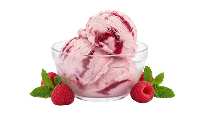 Two scoops of delicious raspberry ice cream with swirl and fresh berry garnish isolated on transparent background