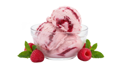Two scoops of delicious raspberry ice cream with swirl and fresh berry garnish isolated on transparent background