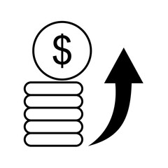 Simple line icon of stacked coins with an upward arrow, representing financial growth, profit increase, investment, business success, and economic improvement.