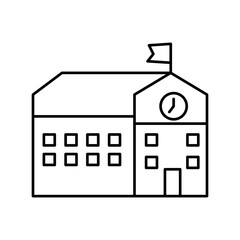 Line icon of a school building with flag and clock, symbolizing education, learning institution, campus, students, and academic environment.