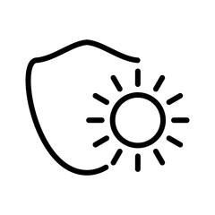 Minimal line icon of a shield with sun symbol, illustrating UV protection, sun safety, sunscreen, security, and skin care concept.