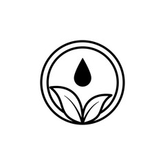 Organic eco icon with leaves and water drop in circle, representing sustainability, natural product, ecology, herbal care, and clean environment.