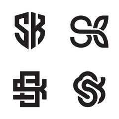 Obraz premium Collection of four modern black logos featuring creative SK monogram initial letters, perfect for branding, corporate identity, and abstract or geometric design projects.
