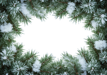 Highly detailed close-up of emerald green spruce branches coated in pristine snow and hoarfrost, forming a winter frame on a white background with central copy space, concept for festive christmas