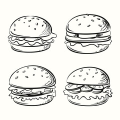 Four burgers with sketch line art, featuring lettuce and meat on a cream background