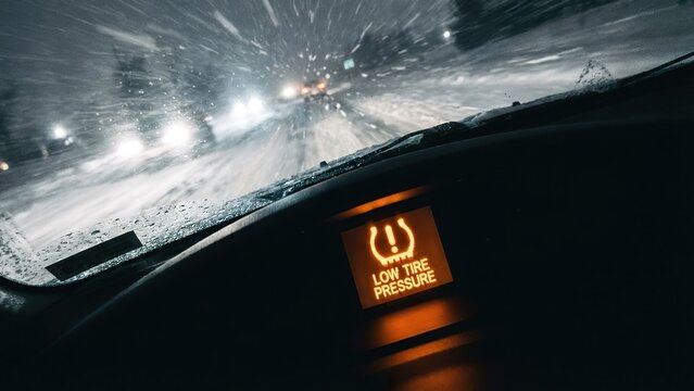 Dashboard view during a snowstorm with low tire pressure warning light illuminated on the display.