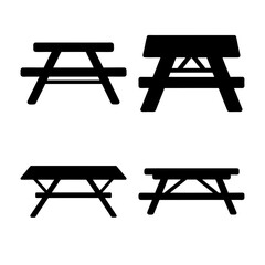 Four picnic table silhouettes for outdoor recreation icon set