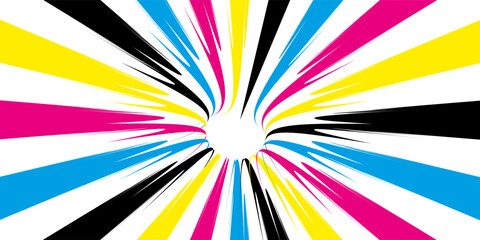CMYK abstract spiral background. Swirl illustration of four cmyk colours. Cyan, magenta, yellow and black. Colorful bright pattern. vector illustration