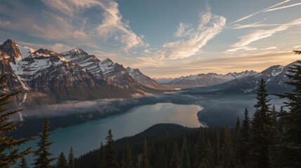 Aerial view of lake surrounded by mountains with snow capped peaks and a partly cloudy sky above it