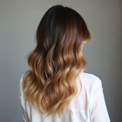 Fototapeta premium Woman with trendy ombre hair color, dark roots fading to light brown ends. Long wavy hair freshly styled. Beautiful hairstyle shows smooth color transition. Pro hair care, salon beauty. Fashion,