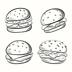 Handdrawn line art shows four tasty burgers, displaying seeded buns and layered fillings