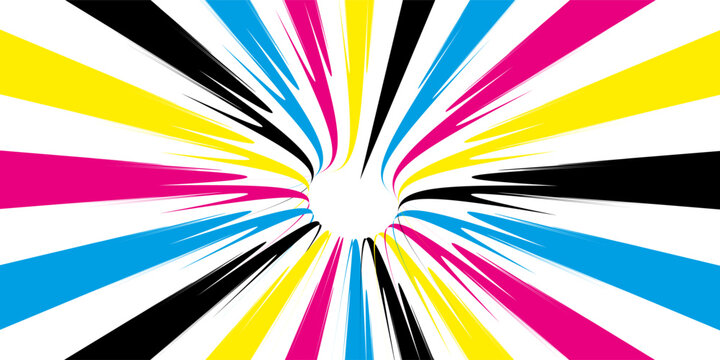 CMYK abstract spiral background. Swirl illustration of four cmyk colours. Cyan, magenta, yellow and black. Colorful bright pattern. vector illustration