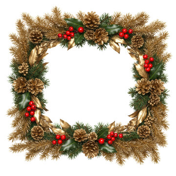 Lavish asymmetrical rectangular border frame, flat lay of hyperdetailed metallic gold fir branches, glossy red berries, and pinecones on high-key white, ready for text. Concept of high-end winter