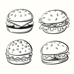 Outlined burger sketches show varied toppings and bun styles in monochrome set against white