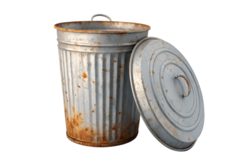 Old Rusty Galvanized Metal Trash Can with Lid Off Isolated on White Background Stock Photo