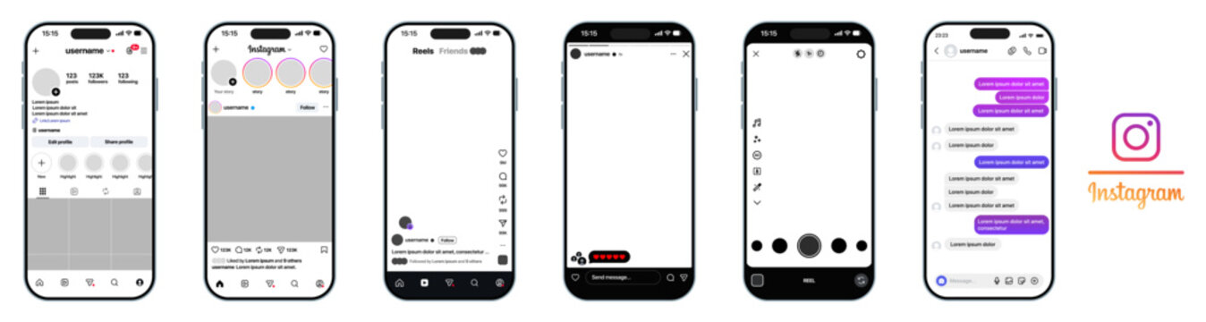 Instagram Latest Update 2026 showing post feed profile story reels reactions create post and direct message interface in modern minimal style vector illustration