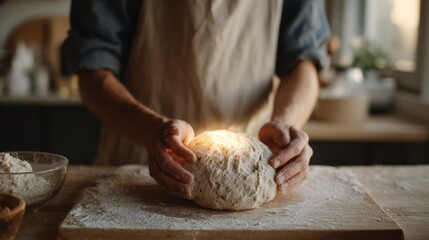 Person's hands kneading dough on a wooden cutting board. the person is wearing a white apron and is standing in a kitchen with a window in the background.