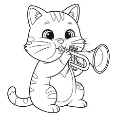 Cute Cartoon Cat Playing Trumpet Line Art – Adorable Musical Kitty Coloring Page Illustration for Kids, Black and White Outline Drawing, Animal Music Activity Page