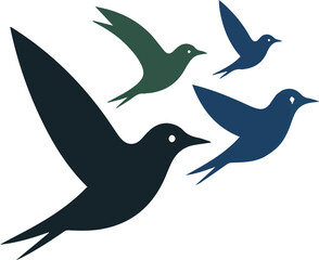 Fototapeta premium Four abstract birds flying in dark blue and green colors flock group