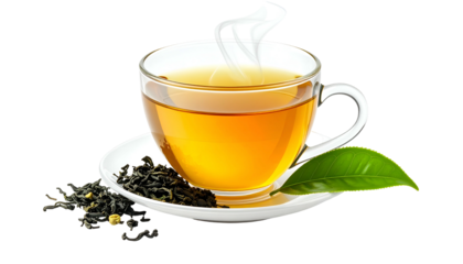 A transparent teacup filled with golden tea, steam rising, resting on a saucer with leaves