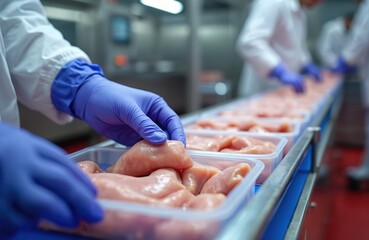 Industrial chicken processing line in modern food factory. Workers handle raw meat on conveyor belt. Automated system cuts, packages poultry products for distribution. Focus on hygiene, quality