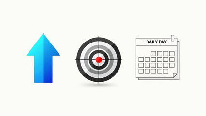 A calendar marked for a daily task aligned with a target hit directly on its center with an upward arrow indicating progress