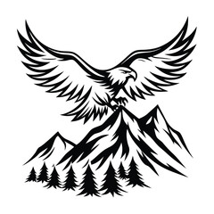 Obraz premium A stylized eagle is perched atop mountain peaks amid a forest in black and white