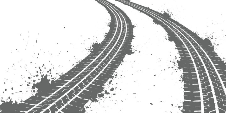 Curving tire tracks with mud splashes on white ground, grunge texture vector
