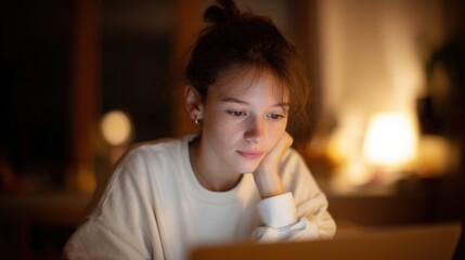 Close-up portrait of a young woman sitting at a table with a laptop in front of her. she is wearing a white sweatshirt and has her hair tied up in a messy bun.