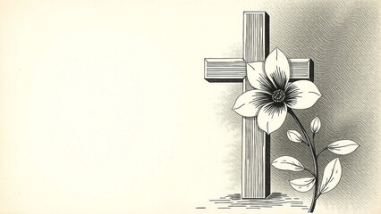 Elegant vintage funeral card template with engraved cross and flower, large blank space for text, soft cream background, classic memorial design.