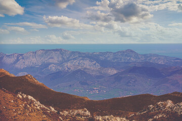 View of the beautiful mountain landscape from the Mirador de la Reina. Peaks of Europe National Park (Picos de Europa). Asturias, Spain