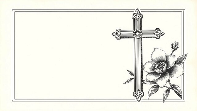 Elegant vintage funeral card template with engraved cross and flower, large blank space for text, soft cream background, classic memorial design.