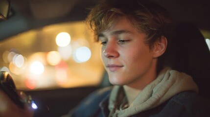 Young man sitting in the back seat of a car at night. he is looking down at his phone with a serious expression on his face.